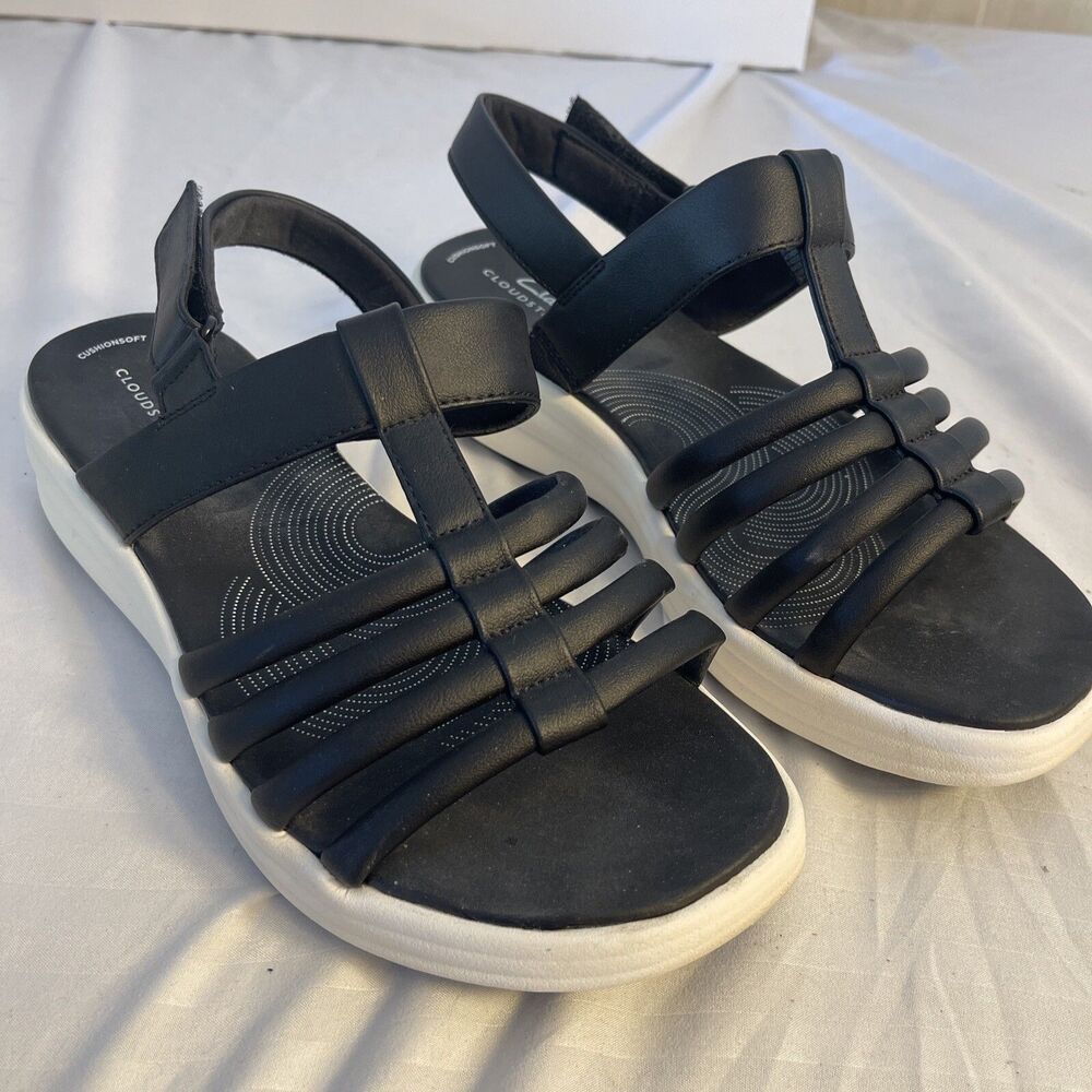 Cloudsteppers by Clarks Womens Drift Ease Wedge Sandals 8 W Black Nice See Pics